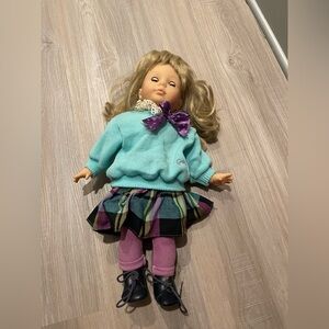 Vintage gotz puppe Doll with Teal Sweater and Plaid Skirt